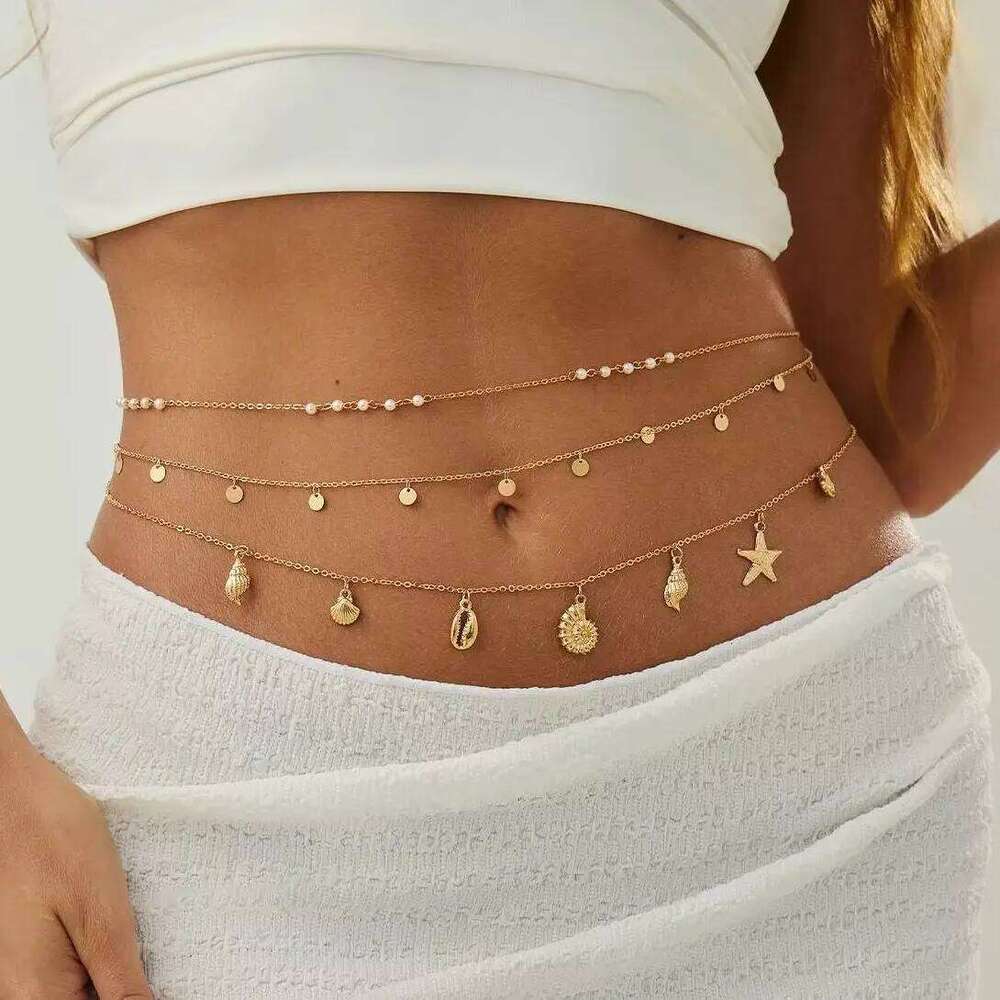 Lacteo 3Pcs/Set Summer Beach Charms Bikini Belly Waist Chain Women Exquisite Bohemia Starfish Conch Pendant Sexy Body Jewelry H260228