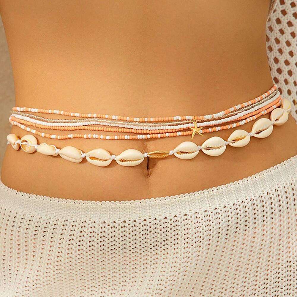 6Pcs Boho Acrylic Mixed Color Seed Bead Beaded Waist Fashion Plastic Shell Belly Chain Women's Summer Beach Body Jewelry H260228