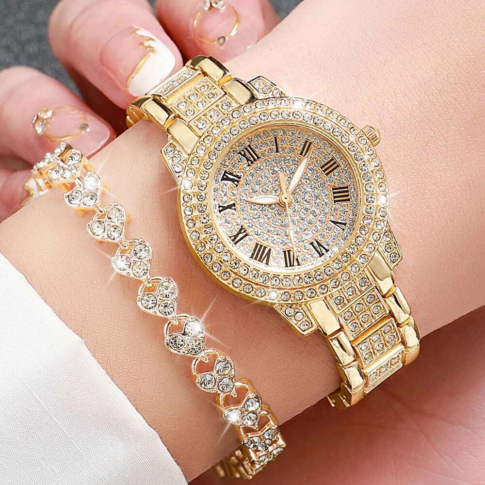 2PCS/Set Women's Fashion Full Diamond Roman Dial Steel Band Quartz Rhinestone Heart SetWithout Box H260228