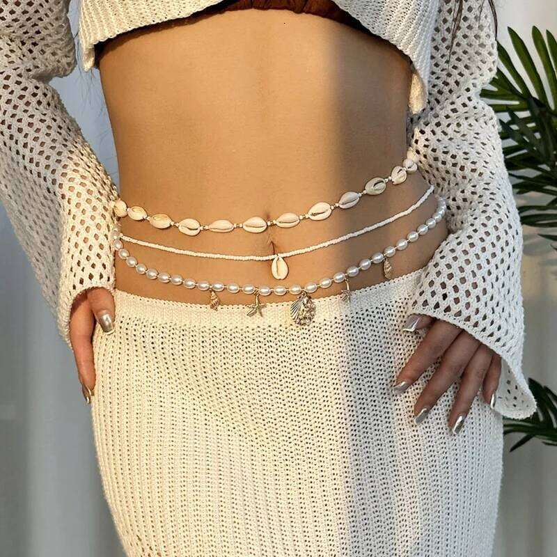Sexy Double Layer Charm Sea Starfish Waist Belly Chain Women New Summer Beach Conch Shell Pearl Body Chains Jewelry Gifts H260228