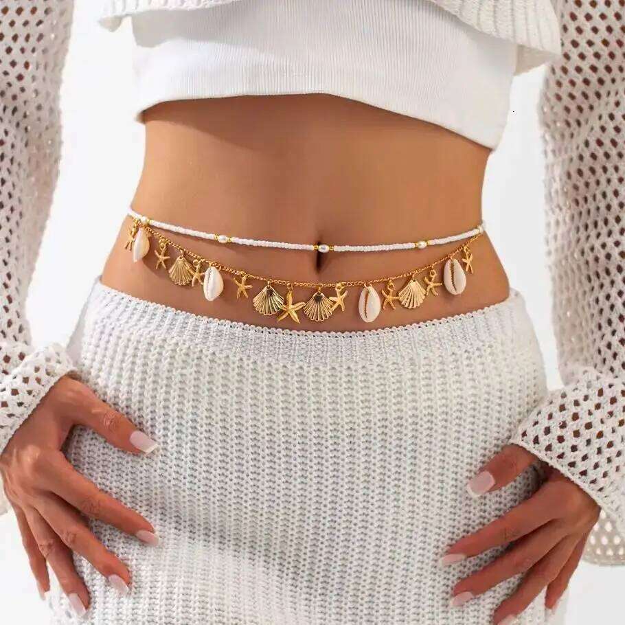 IngeSight.Z Multilayer Women Boho Conch Pearl Starfish Chains Waist Summer Beach Body Jewelry H260228