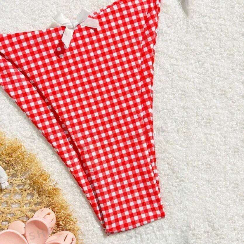 Red Plaid String Halter thong Micro Bikini for Women Mini Swimwear Lace-up Sexy Swimsuit Bathing Suit Triangle Bikinis Sets 2026 Z260301