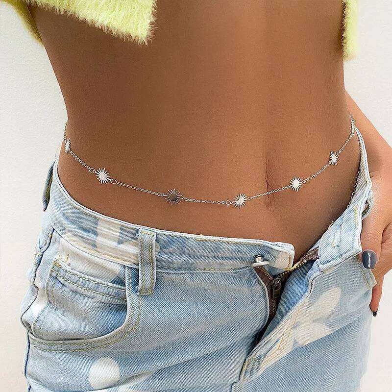 Vintage Aesthetic Sun Goddess Belly for Women Thin Beads Link Body Waist Chain Belt Streetwear Summer Sexy Accessories H260228