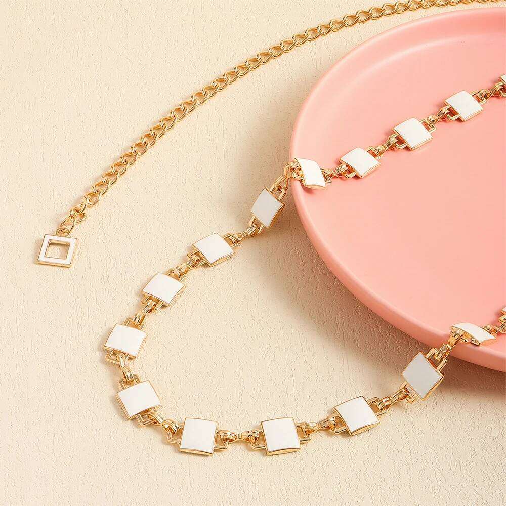 Metal women's waist double-sided black and white square belt body simple chain dress H260228