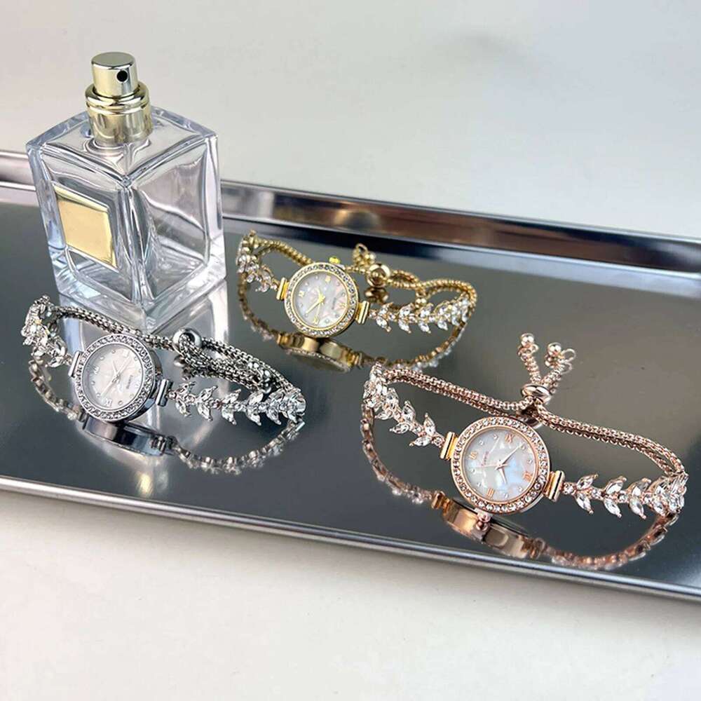 Mermaid Design Diamond Inlaid Women Adjustable Strap Quartz Wrist Faux Mother of Pearl Golden Ladies H260228