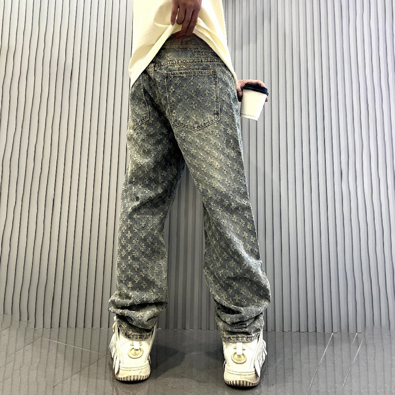 Luxury Designer Clothes 2025 Jacquard Full Print High Street Trendy Brand INS Design Sense Jeans Loose Straight Washed Wide Leg Long Pants