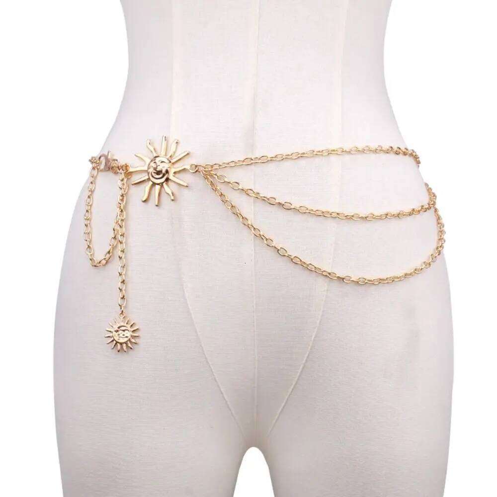 Ladies Vintage Punk Thin Waist Chain Metal Hip Hop Sun Moon Star Waistbands Gold Silver Dress Cummerbands H260228