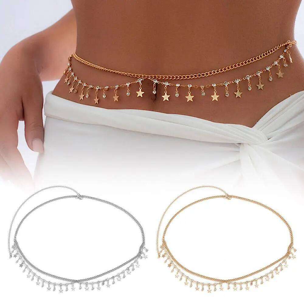 Sexy Rhinestone Star Tassel Pendant Waist Belly Belt Chain For Women Summer Bikini Rave Body Jewelry Y2K Accessories H260228