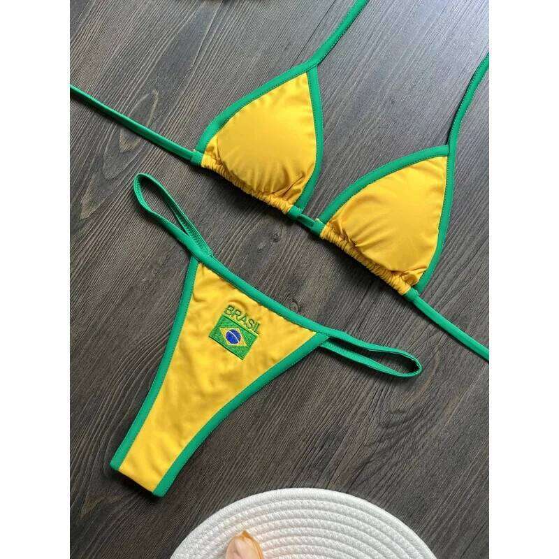 2026 Fashion Embroidery Brasil Flag Contrast Split Bikini Set Women Swimwear Patchwork Swimsuit Hottie Outfit SummerBeachwear Z260301