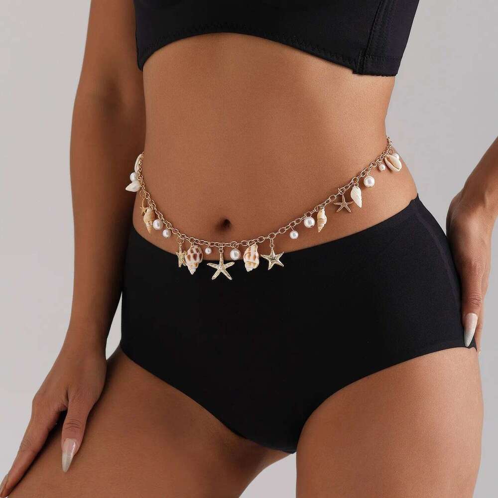 European and American Beach Shell Starfish Pendant Waist for Women, Fashion Imitation Pearl Tassel Body Chain H260228