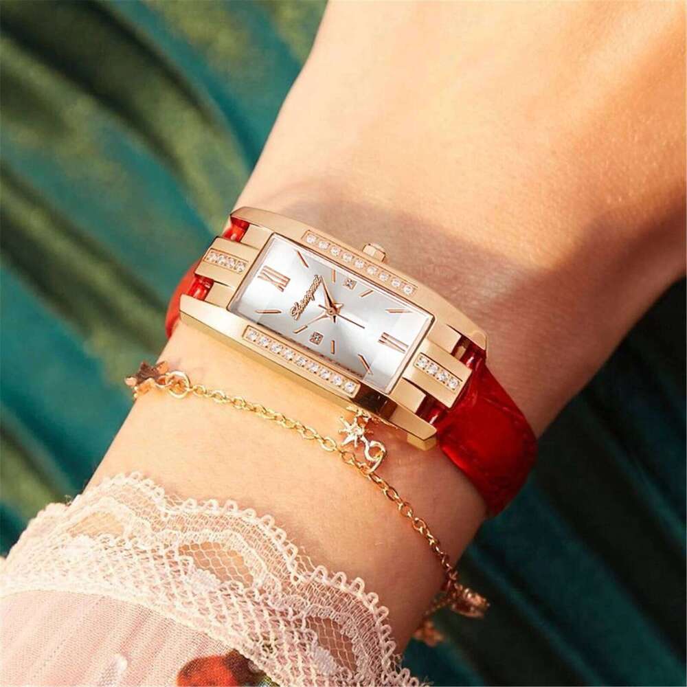 Vintage Women es Fashion Rhinestone Rectangle Ladies Leather Band Quartz H260228