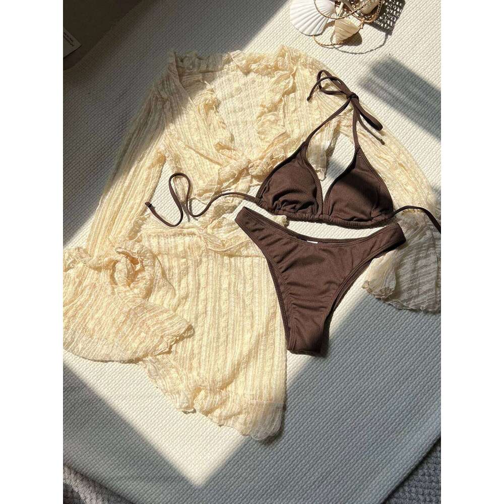 2025 New Sexy Lace Puff Four Pieces Bikini Sets Swimsuit For Women Long Sleeves Swimwear Female Bathing Suit Beachwear Z260301