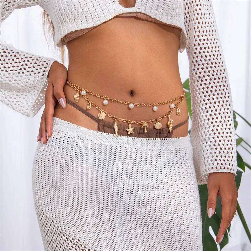 Bohemian Starfish Conch Shell Waist for Women Fashion Imitation Pearl Personality Beach Belly Chain Body Jewelry Gifts H260228
