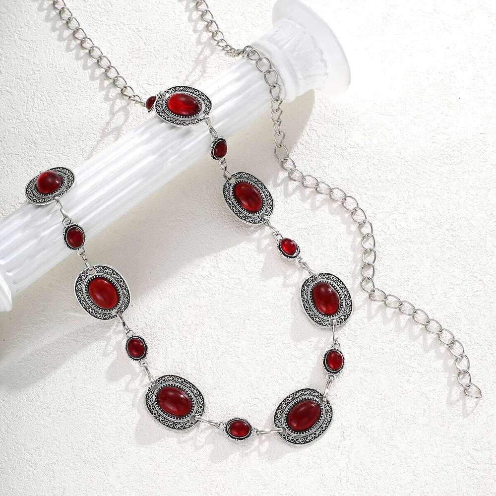 Fashion Oval Wine Red Crystal Metal Waist for Women Retro Exquisite Silver Color Belt Chain French Style Body Jewelry Gift H260228