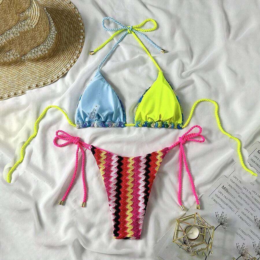 Para Praia Crochet Halter 2025 Knitted Bikini Swimwear Sexy Women Swimsuit Brazilian Biquini Bandage Bathing Suit Z260301