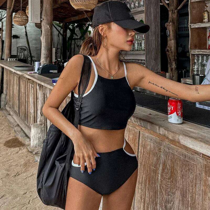 Sexy Korean Fashion Neck Bikinis Sets High Waist Swimsuit Two Pieces Sports Bathing Suits Padded Swimwear Biquini Beachwear Z260301