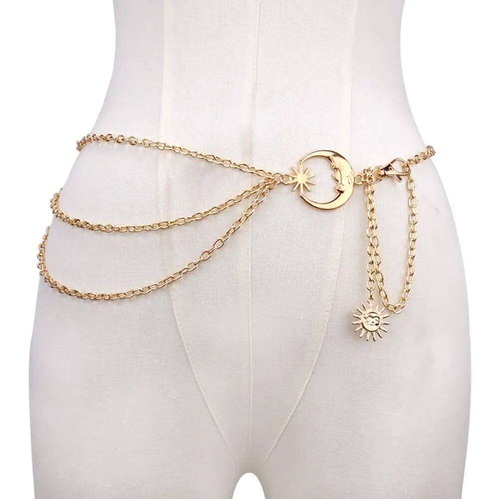 Ladies Vintage Punk Thin Waist Chain Metal Hip Hop Sun Moon Star Waistbands Gold Silver Dress Cummerbands H260228