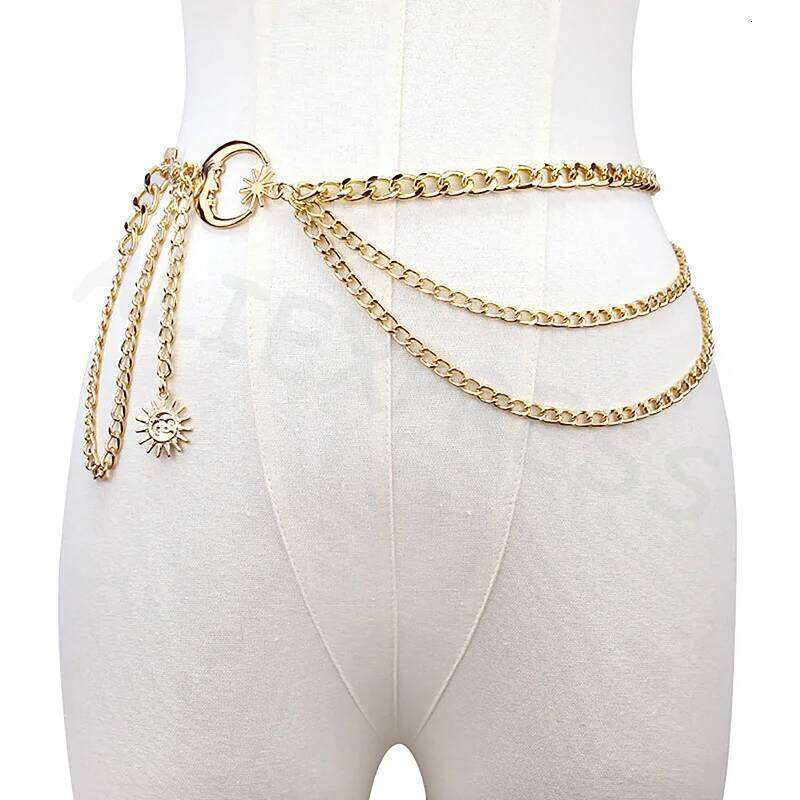 1Pc Hip Hop Punk Style European American Fashion Accessory Moon & Sun Crescent Multi-Layer Metal Chain Waist Belt H260228