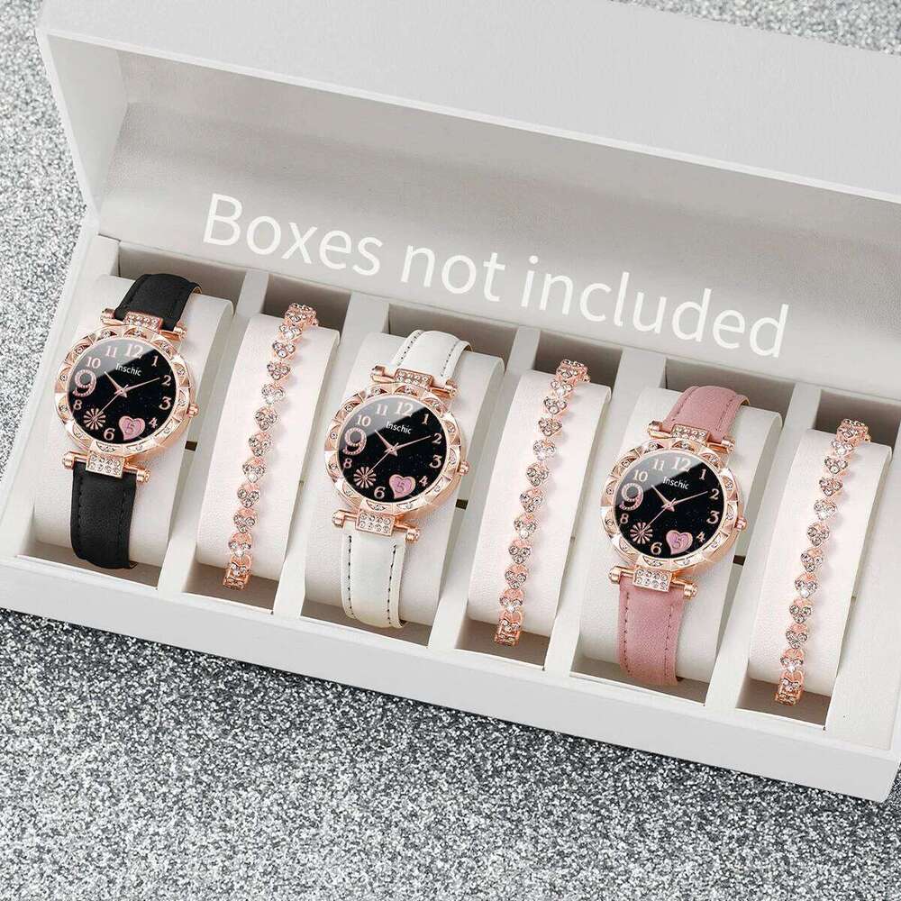 2/4/6PCS Fashion Rhinestone Women es Heart Dial Quartz Casual Leather Band Wristes SetWithout Box H260228