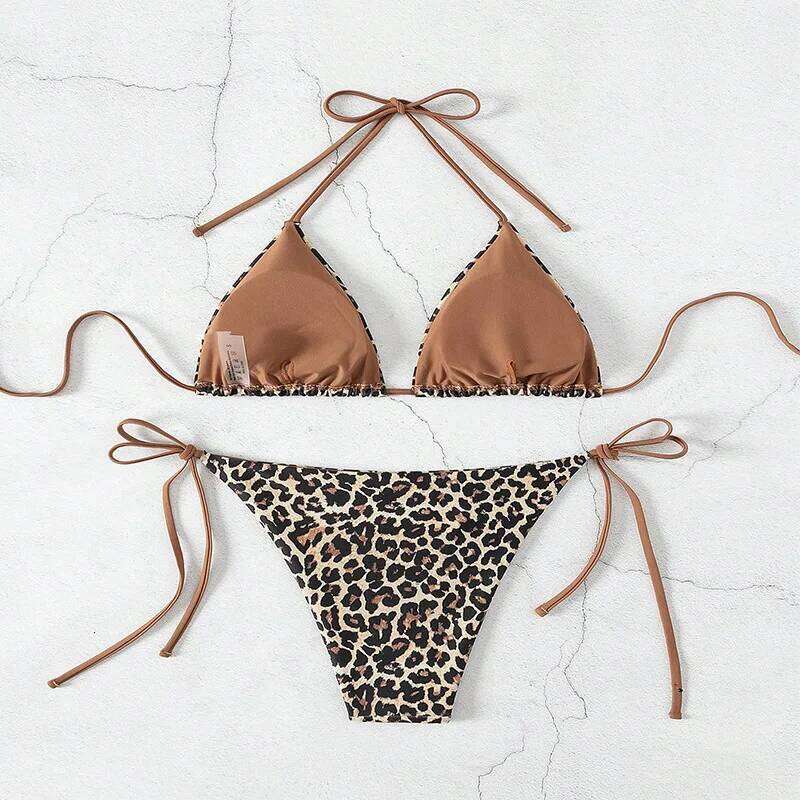 2025 Sexy Leopard Print Two Piece Swimsuit Triangle Bra Suspender Halter Backless Bikini Set Beach Vacation Lace-up Swimwear Z260301