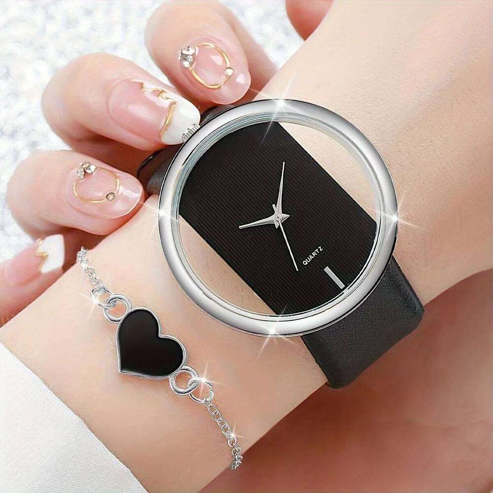 2PCS/Set Women's Hollow Out Fashion Quartz Analog PU Leather Wrist with Heart H260228