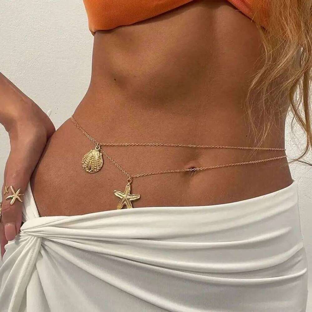 Salircon MultiLayer Starfish Conch Pendant Belly for Women Summer Beach Sexy Bikini Gold Color Waist Chain Body Jewelry H260228