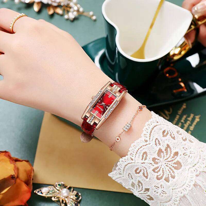 Vintage Women es Fashion Rhinestone Rectangle Ladies Leather Band Quartz H260228