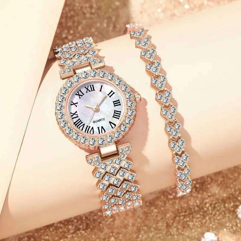 2PCS Women's Fashion Rhinestone Ladies Analog Quartz es Set Reloj Mujer Girls Clock Gift Relogio Feminino H260228