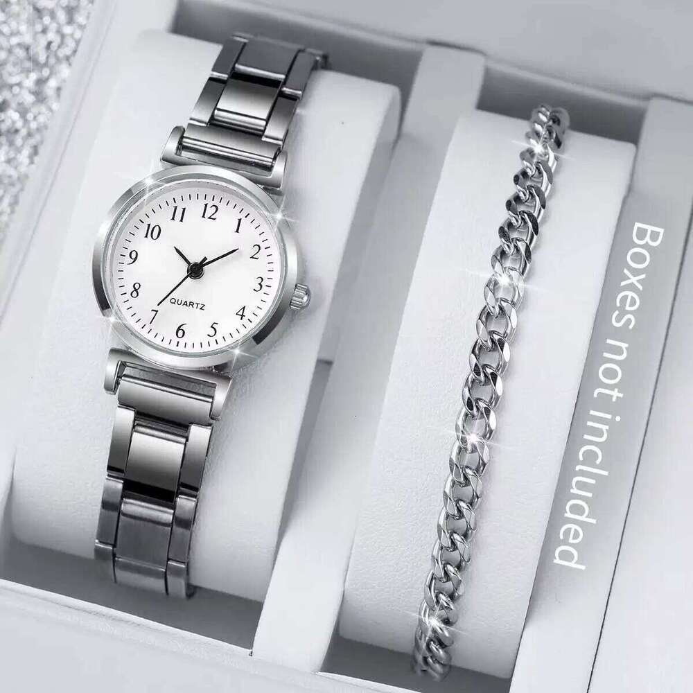 2PCS/Set Fashion Silver Alloy Band Women's Arabic Dial Female Quartz es Chain s SetWithout Box H260228
