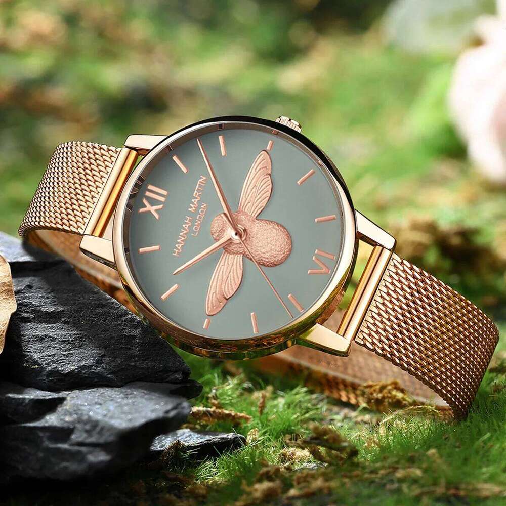 Hannah Martin Women Quartz Fashion Stainless Steel Mesh Belt 3D Stereoscopic Bee Green Rose Gold Japanese Movement es H260228