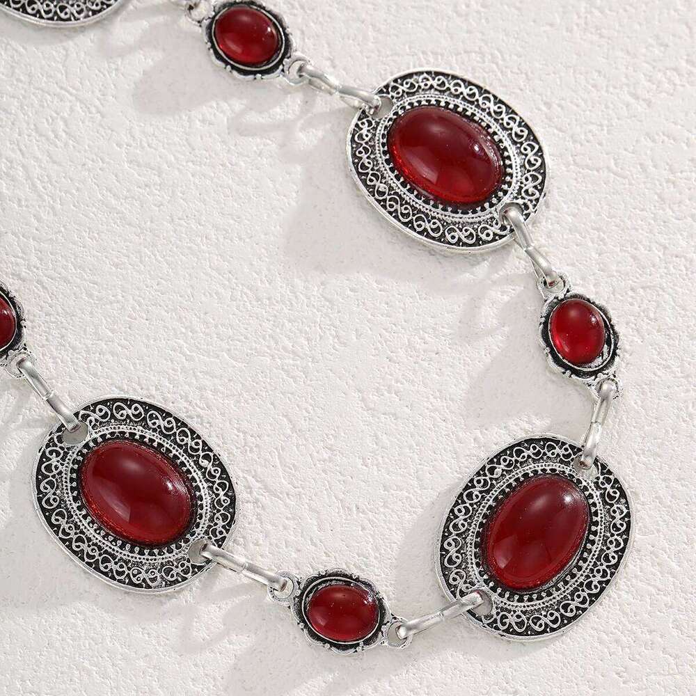 Fashion Oval Wine Red Crystal Metal Waist for Women Retro Exquisite Silver Color Belt Chain French Style Body Jewelry Gift H260228