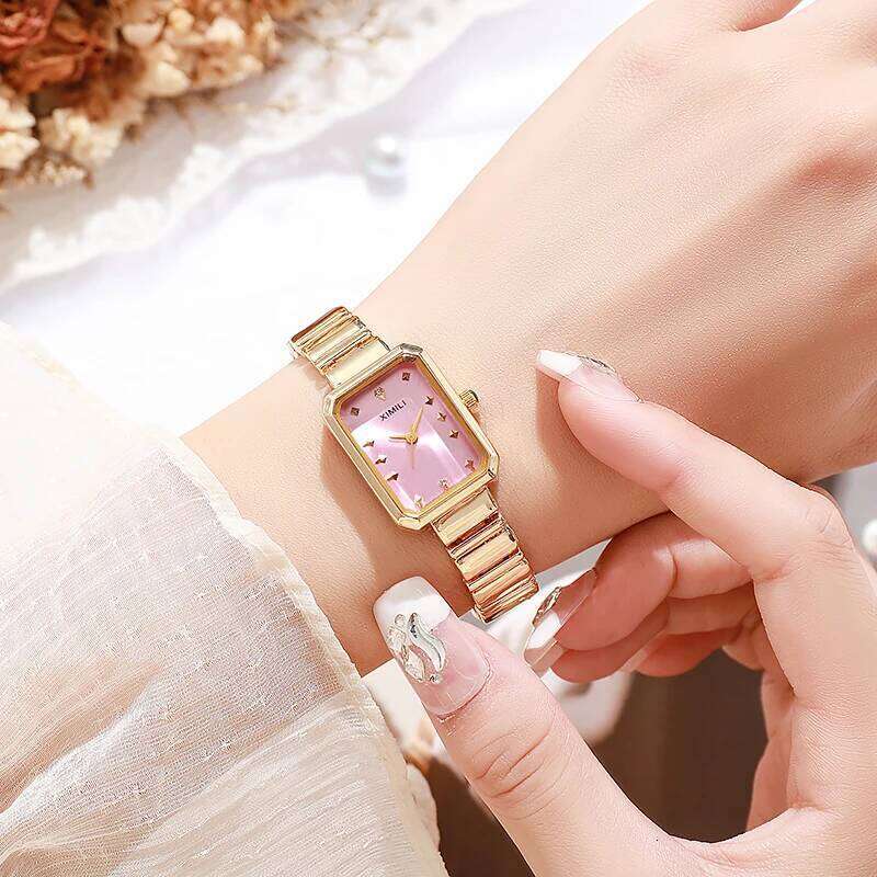 Luxury Women es Fashion Rectangle Gold Plated Ladies Quartz Stainless Steel Folding Clock Relogio Feminino H260228