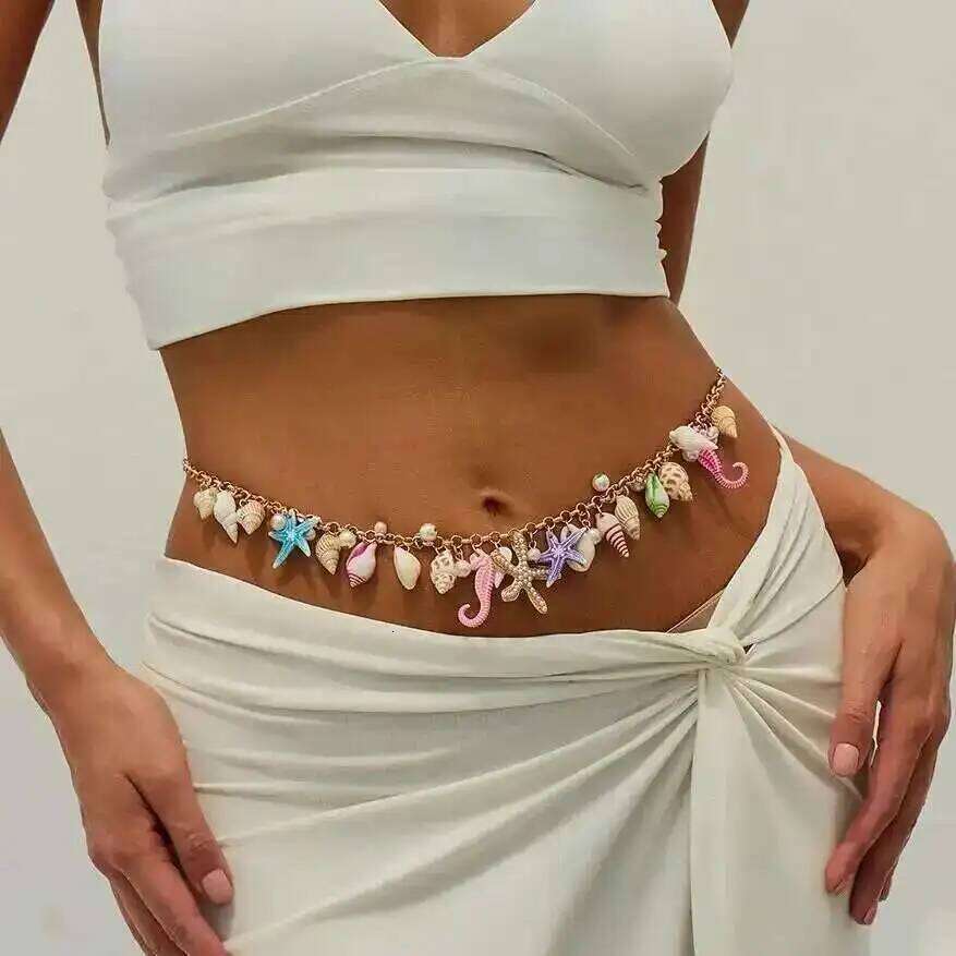 Salircon Boho Starfish Conch Colorful Waist Women Summer Beach Imitation Pearl Sexy Bikini Belly Body Chain Y2K Jewelry H260228