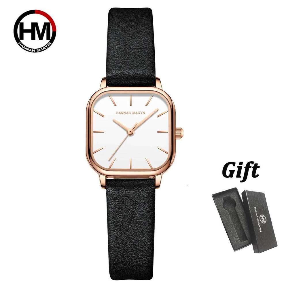 Hannah Martin Square Women Fashion Rose Gold Leather Minimalist Style Girls Clock Quartz Movement Casual Waterproof H260228