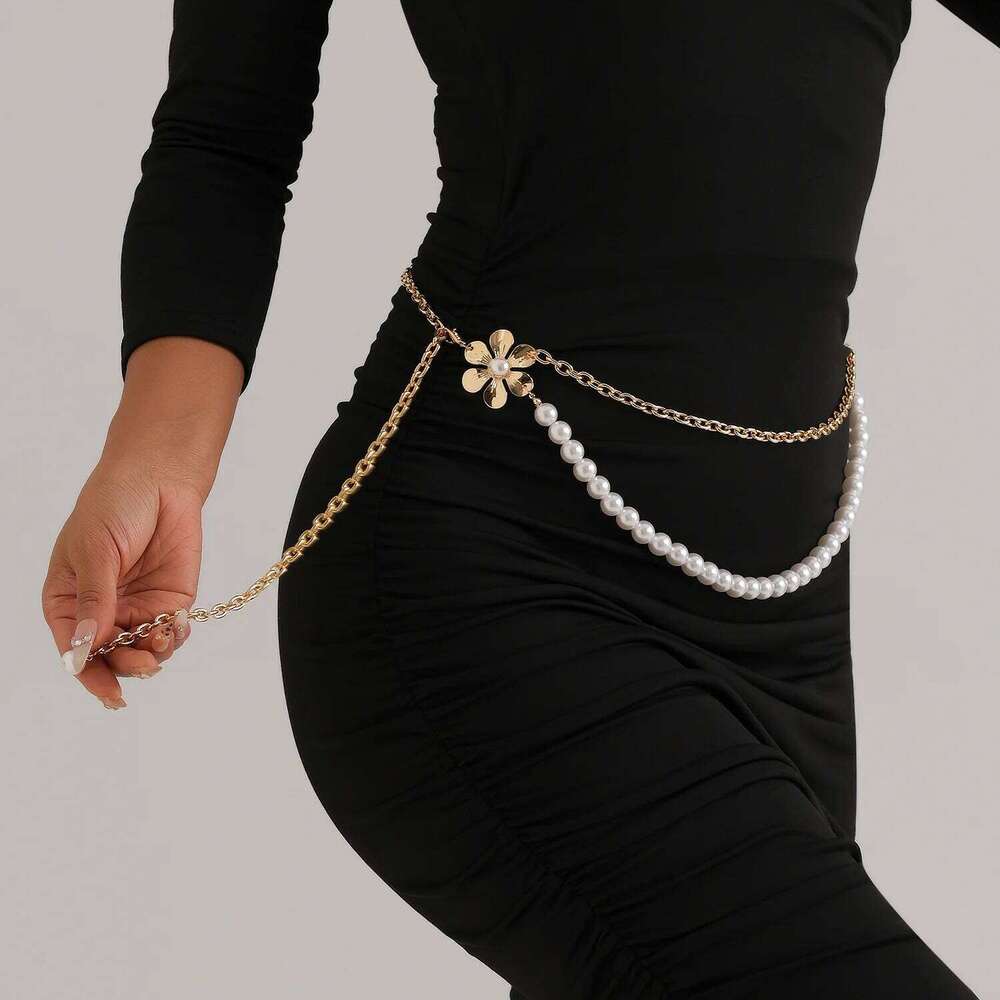 European American Fashion Double Layer Imitation Pearl Metal Camellia Waist For Women Personalized Minimalist Body Chain H260228