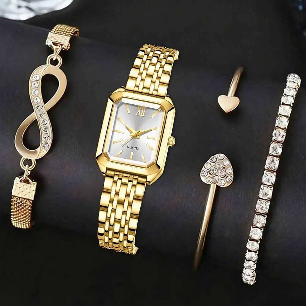 4PC Golden Women Fashion Trend Rectangular Dial Quartz Set Suitable for Daily Exclusive Matching H260228