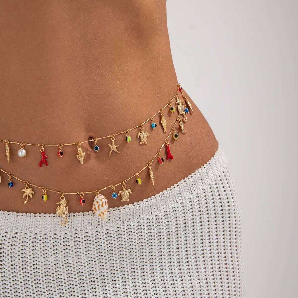 Personality Women's Body Multi-Element INS Style Metal Thin Waist Chain Gold Pendant Double-Layer Versatile Belt H260228