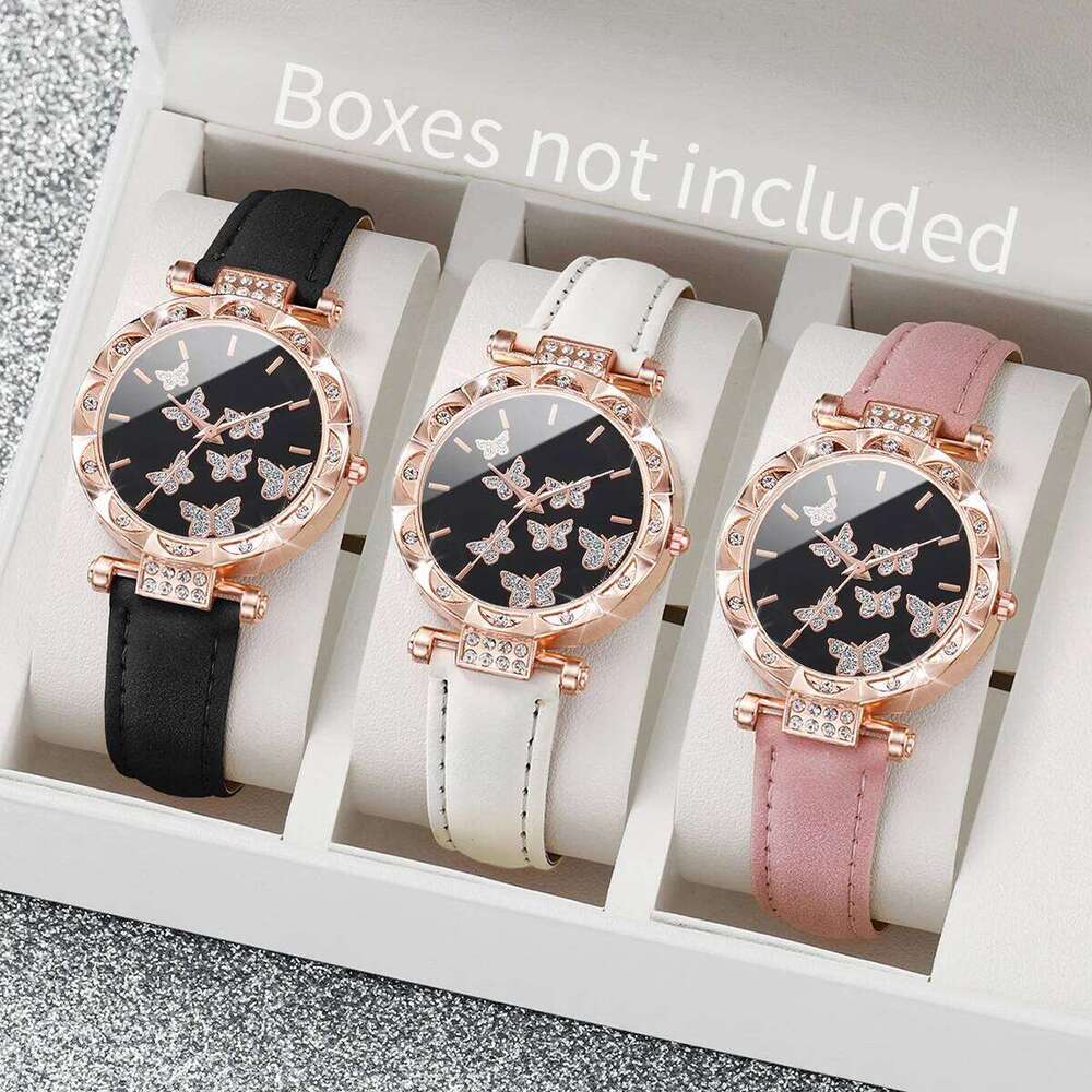 3PCS Women es Fashion Rhinestone Heart Dial Quartz Female Leather Band Wristes SetWithout Box H260228