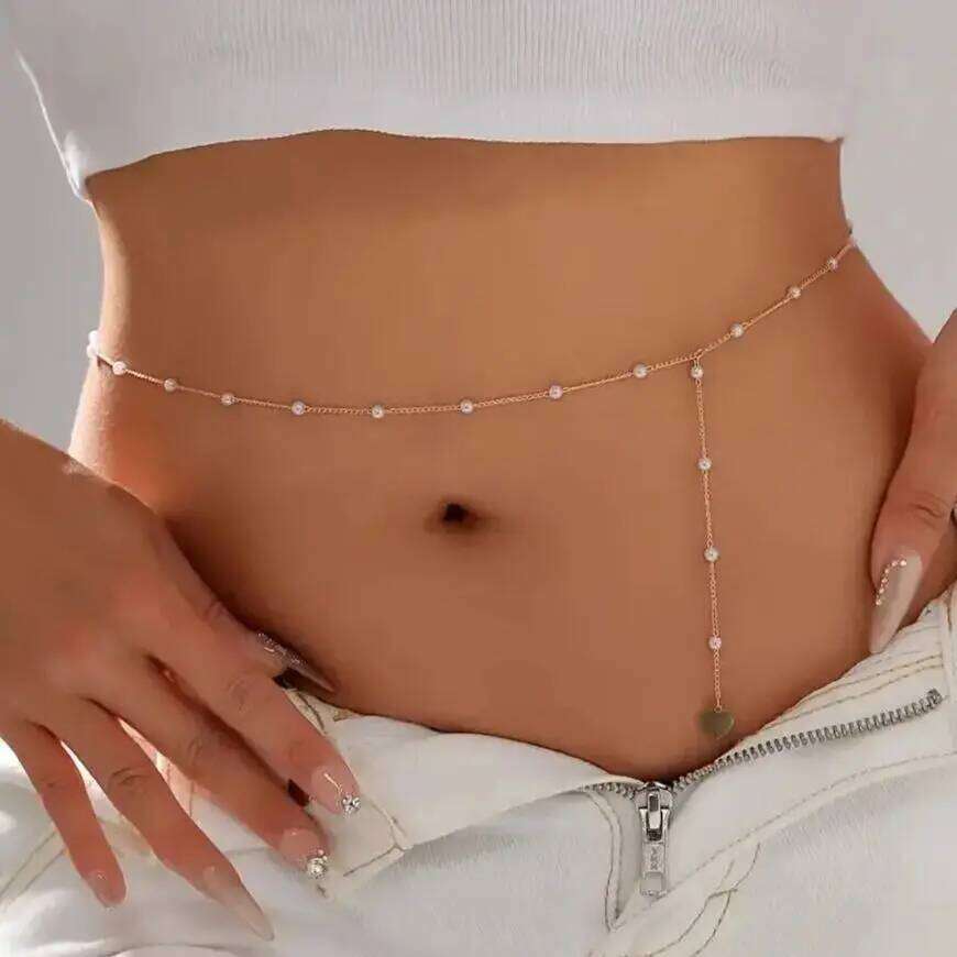 KunJoe Elegant Imitation Pearl Long Tassel Waist for Women Sexy Bikini Heart Pendant Belly Chain Summer Body Jewelry H260228