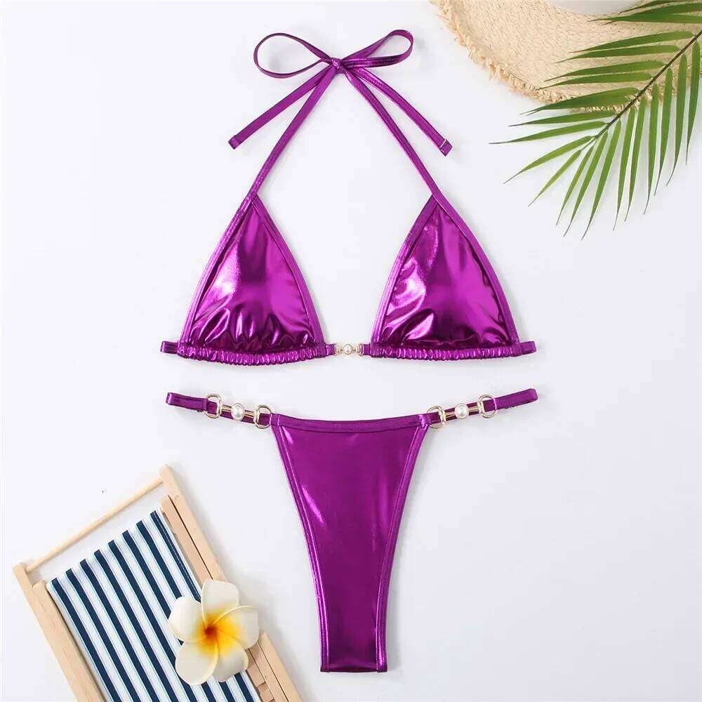 Shiny Red String Halter Triangle Micro Bikinis Sets Sexy Swimsuit Women Thong Bathing Suit Lace-up Bikini 2025 Mujer Biqiunis Z260301