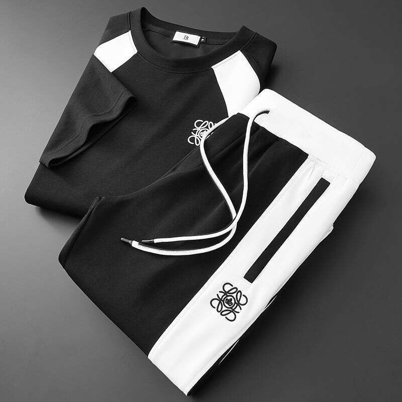 Summer Patchwork Embroidered Ice Silk Sleeveless Sports Suit for Men