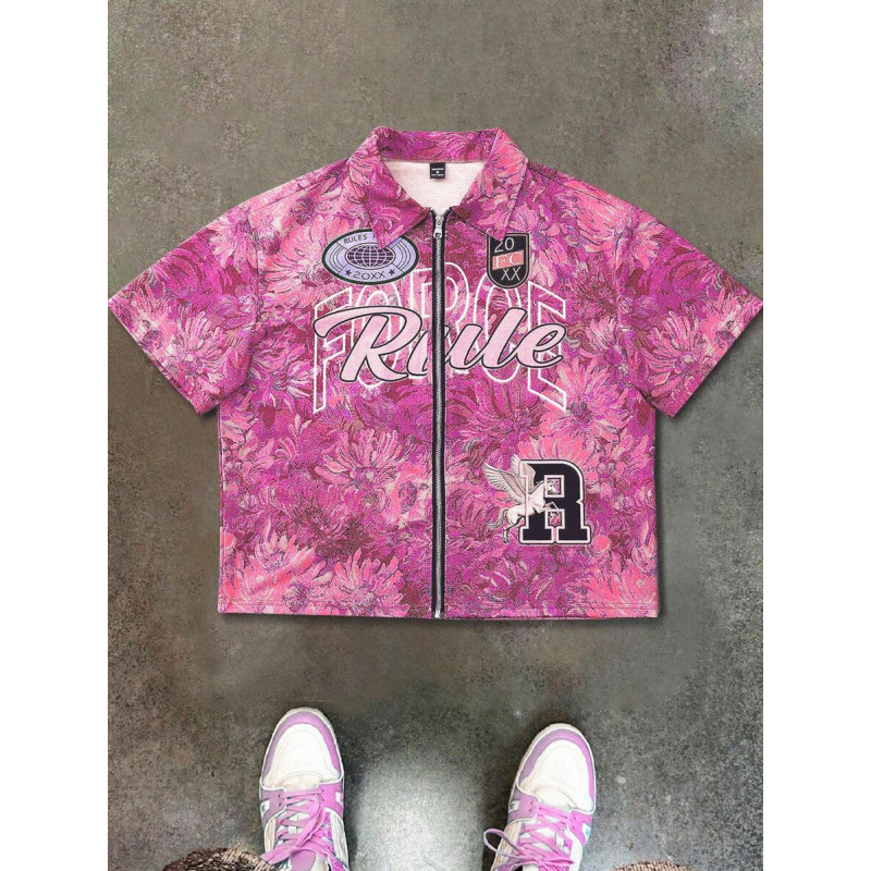 Luxury Brand Designer Clothes Temu Hot-Selling American Retro Short-Sleeve Zip-Up Shirt With 3D Letter Print, Unisex Style
