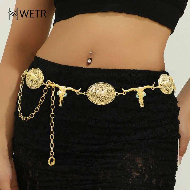 Vintage Oval Craved Metal Waist Chain For Women Exquisite Gold Color Belt Chains Fashion Body Jewelry H260228