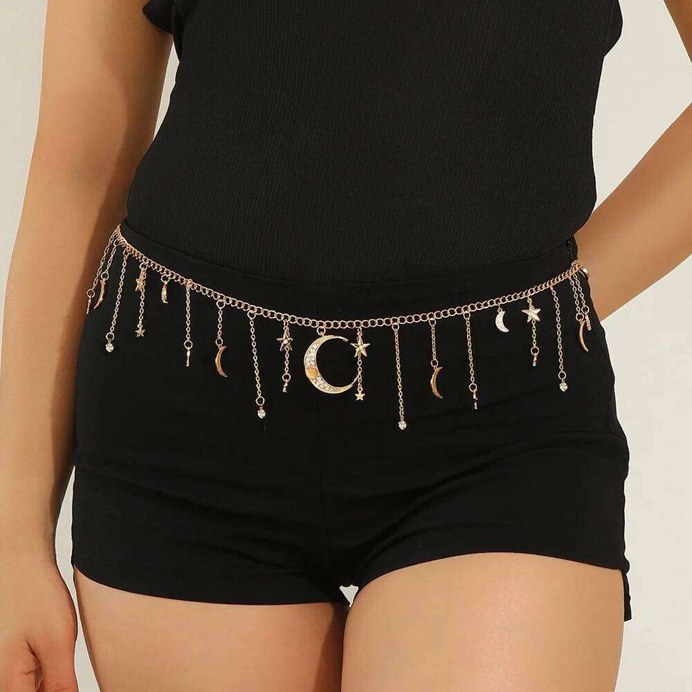 New Fashion Body Jewelry Summer Beach Vacation Rhinestone Star Moon Tassel Waist Chain Women's Party Accessories H260228