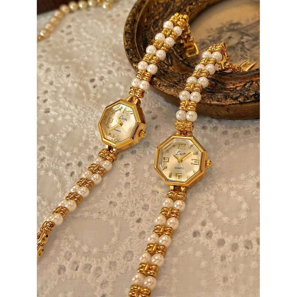1 Piece of New French Fashionable Elegant Retro with Pearl Strap, 30m Waterproof, Exquisite, Compact, Unique Niche Women's Quartz , Suitable for 