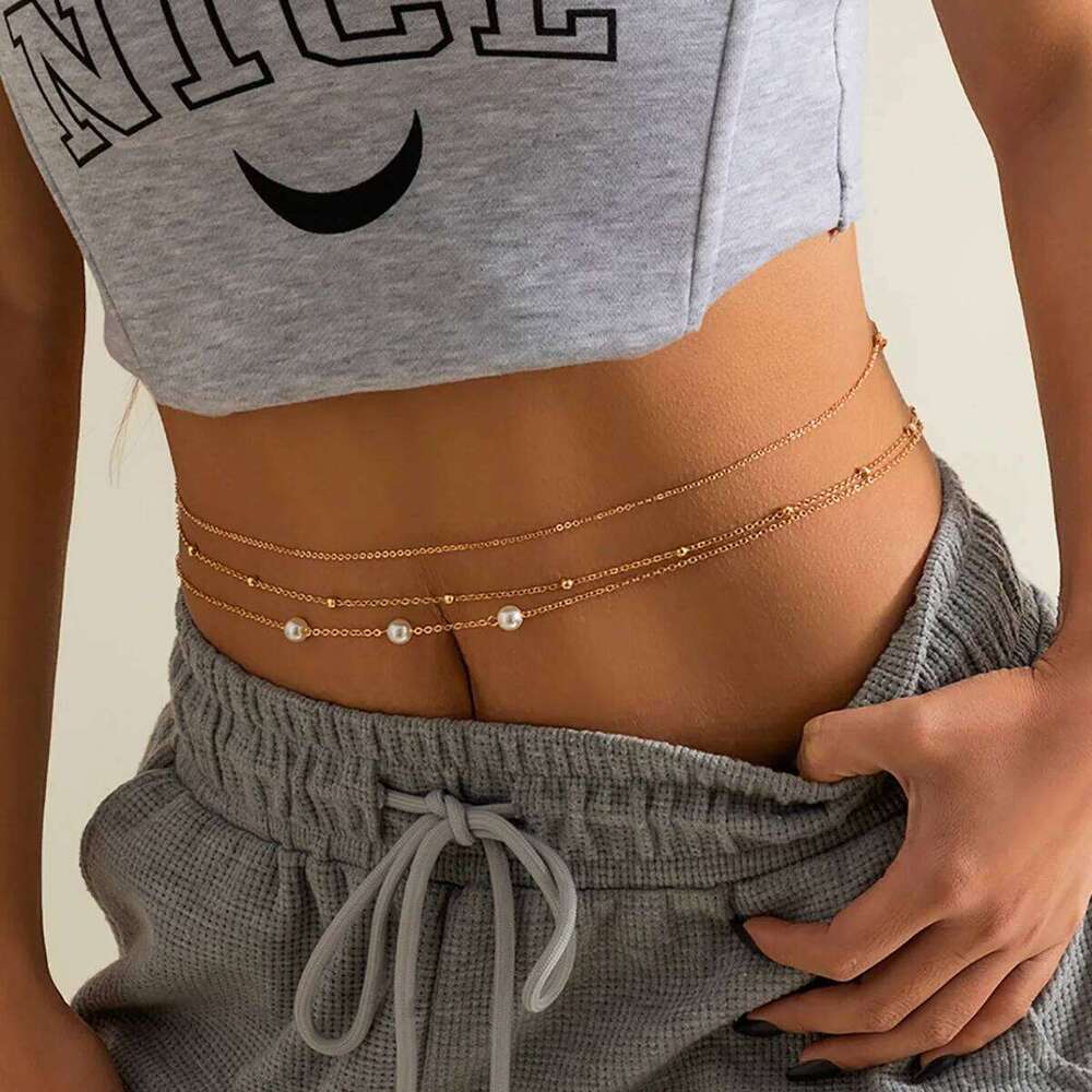 Sexy Minimalist Imitation Pearl Metal Waist Mixed and Stacked Fashion Girl Beaded Woven Body Belly Chain H260228