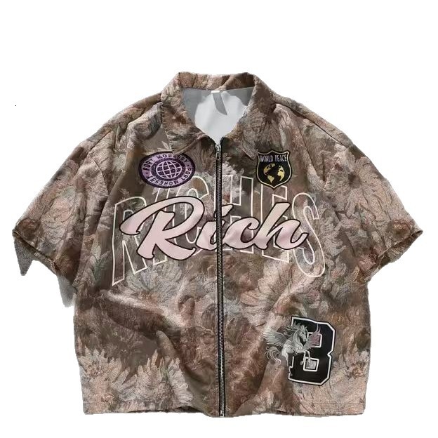 Luxury Brand Designer Clothes Temu Hot-Selling American Retro Short-Sleeve Zip-Up Shirt With 3D Letter Print, Unisex Style