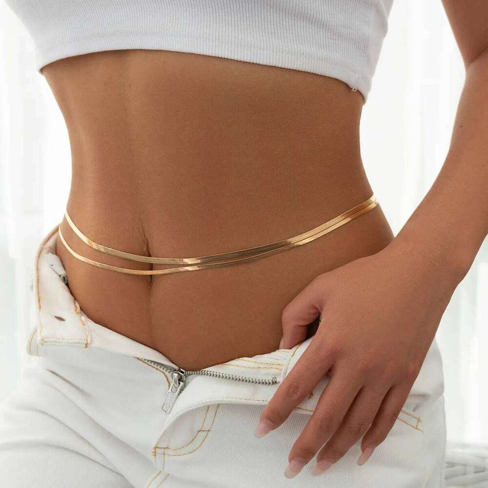Minimalist Double Layer Metal Flat Snake Belly Waist Chain Women's Fashion Sexy Bikini Beach Summer Body Jewelry Accessory H260228