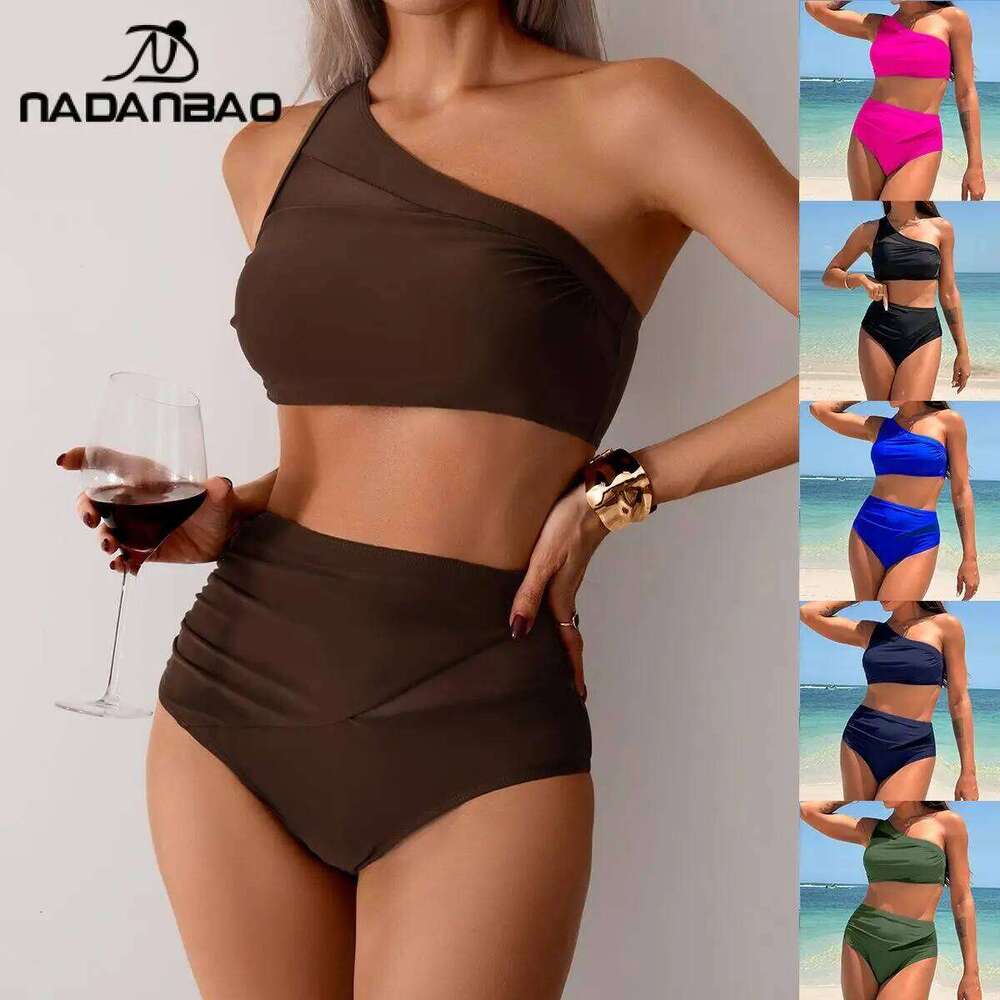 Nadanbao Two-piece Solid Bikini Set Women Fashion One-Shoulder Split Swimsuit High Waisted Women's swimsuit Pool 2025 Summer Z260301