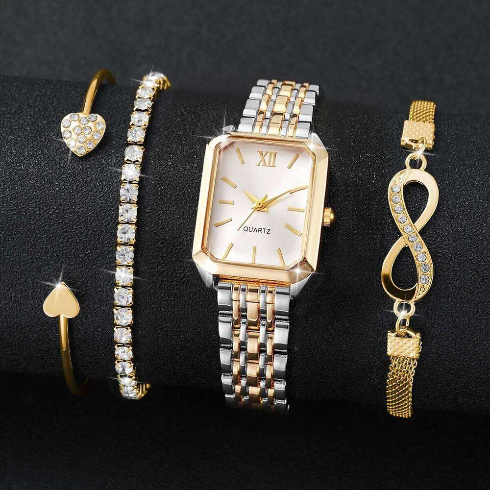 4PCS Elegant Women Rectangle Roma Dial Wrist Fashion Alloy Strap Quartz With Diamond s Set Without Box H260228